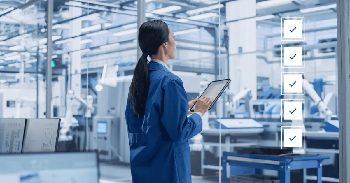 Woman in lean manufacturing performing an audit via 5s manufacturing checklist