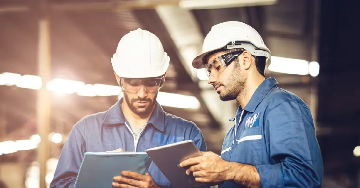 Workers at manufacturing plan using safety inspection app