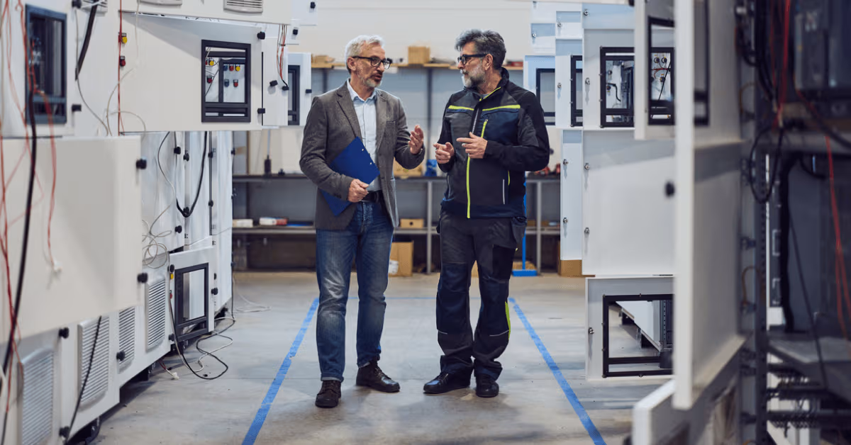 Two plant workers discussing jsa meaning in manufacturing