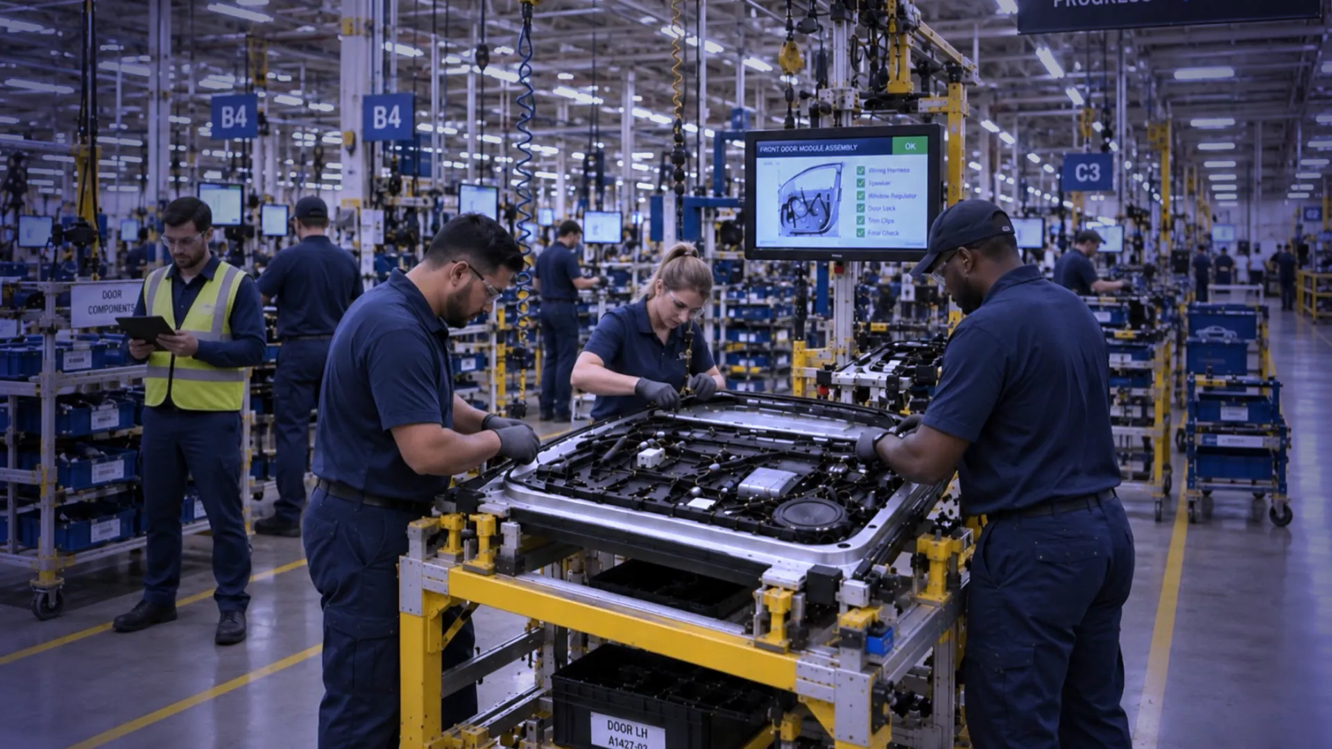 Plant floor team assembling a front door module while a supervisor checks a tablet